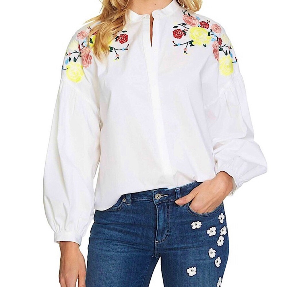CeCe Jardin White Floral Embroidered Long Sleeve Button Down Top Size L